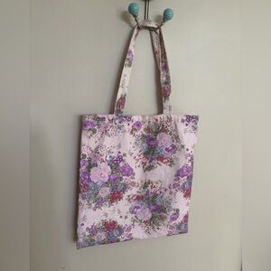 LoveShackFancy Floral Pink Canvas Tote Bag with Purple Bouquet Print